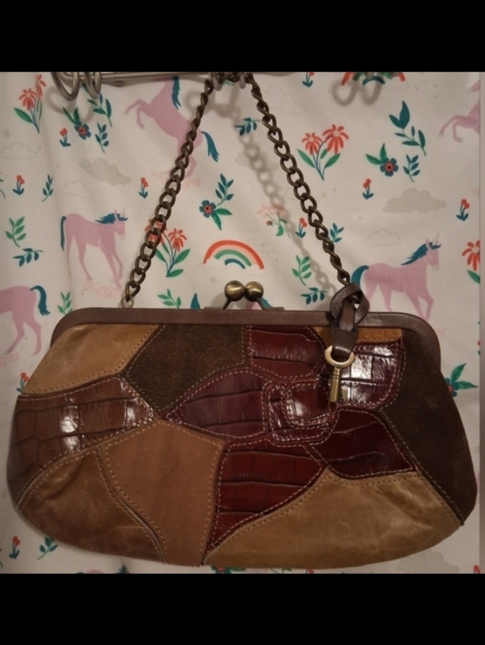 EUC Vintage Fossil Burgundy & Mocha Suede Boho Kiss Lock Clutch Purse Bag